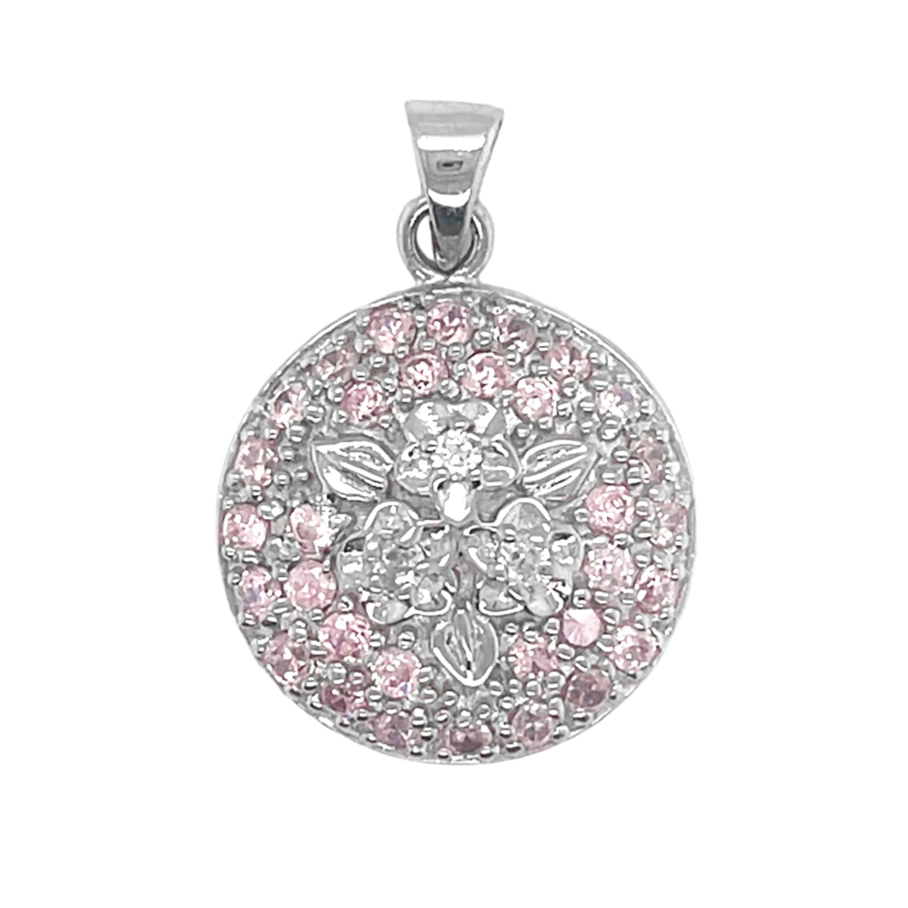 Sterling Silver Decorative Round Flower Design Pink CZ Pendant