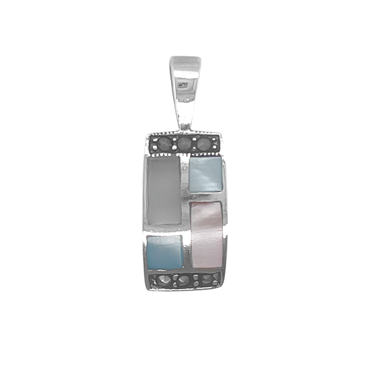 Sterling Silver Pink/Blue & Marcasite Rectangle Pendant