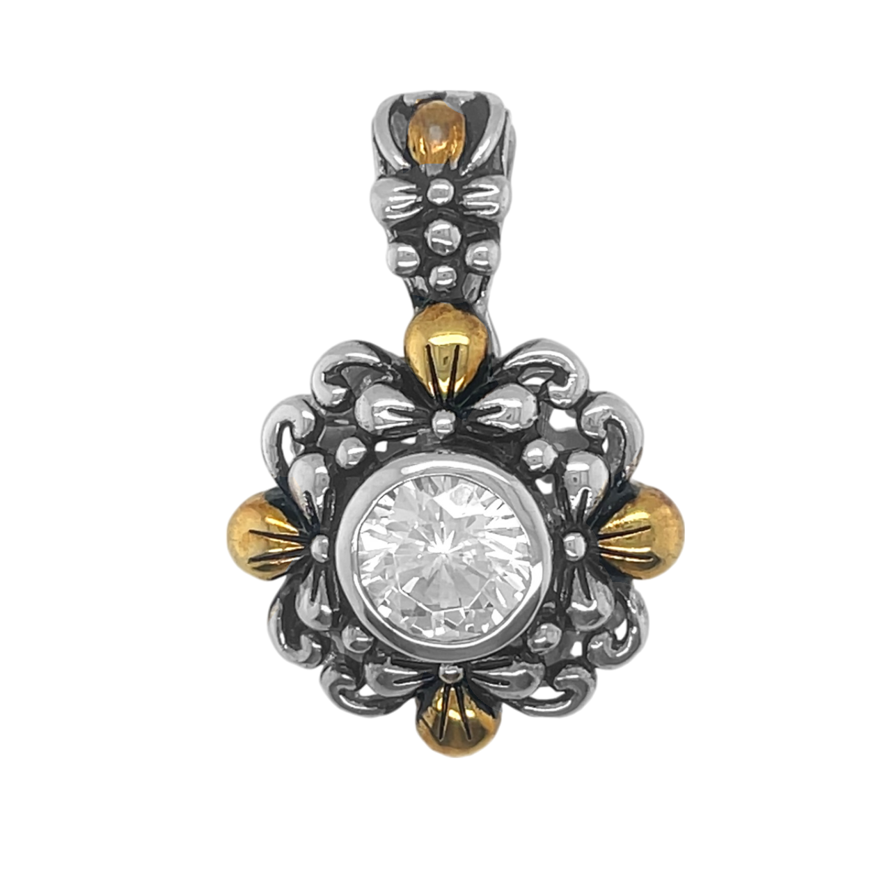 Sterling Silver Two Tone Designer Inspired CZ Pendant