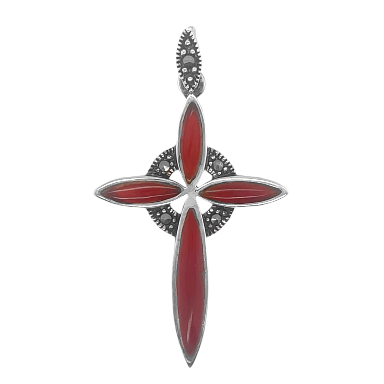 Sterling Silver Marcasite & Red Jasper Cross Pendant