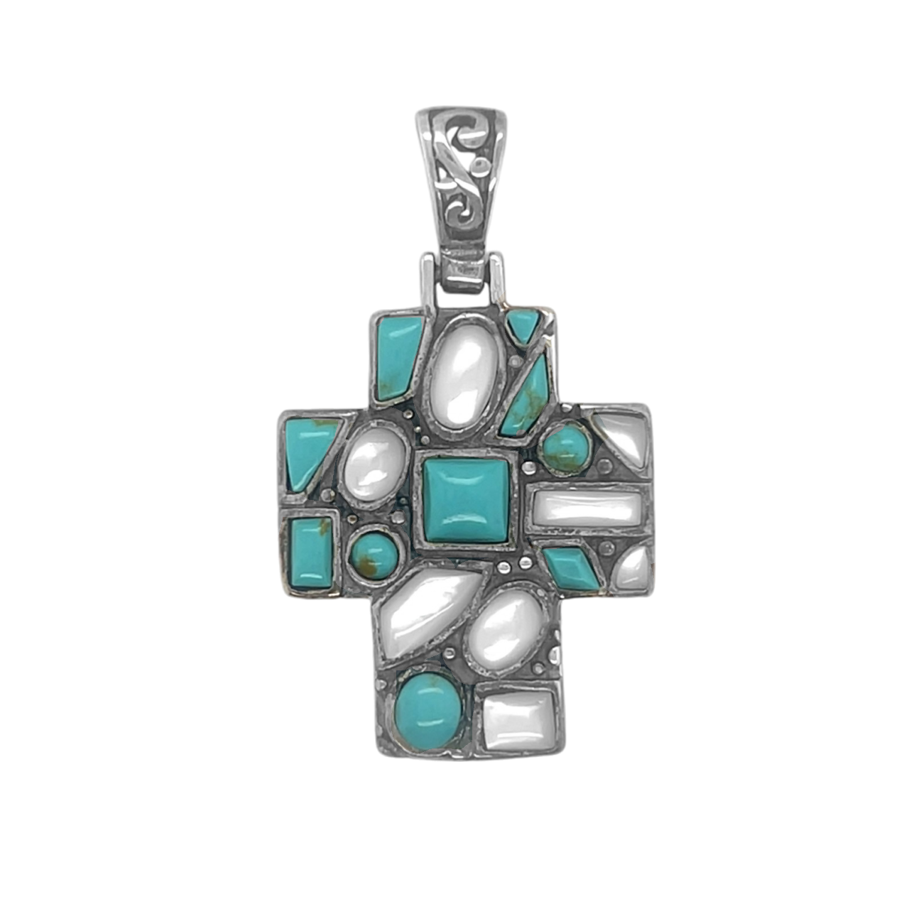 Sterling Silver White & Turquoise Stone Cross Pendant
