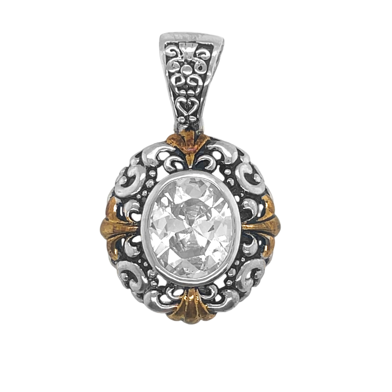 Sterling Silver Two Tone Filigree Oval CZ Pendant