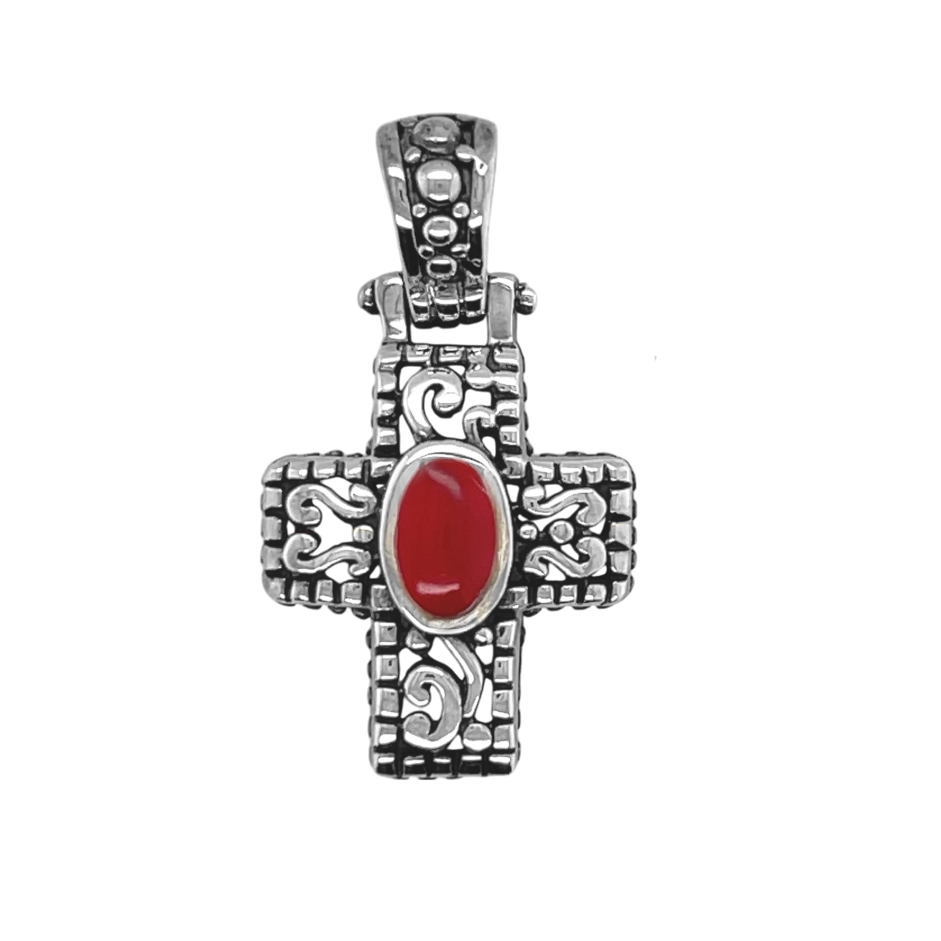 Sterling Silver Filigree Cross W/ Colored Stone Pendant