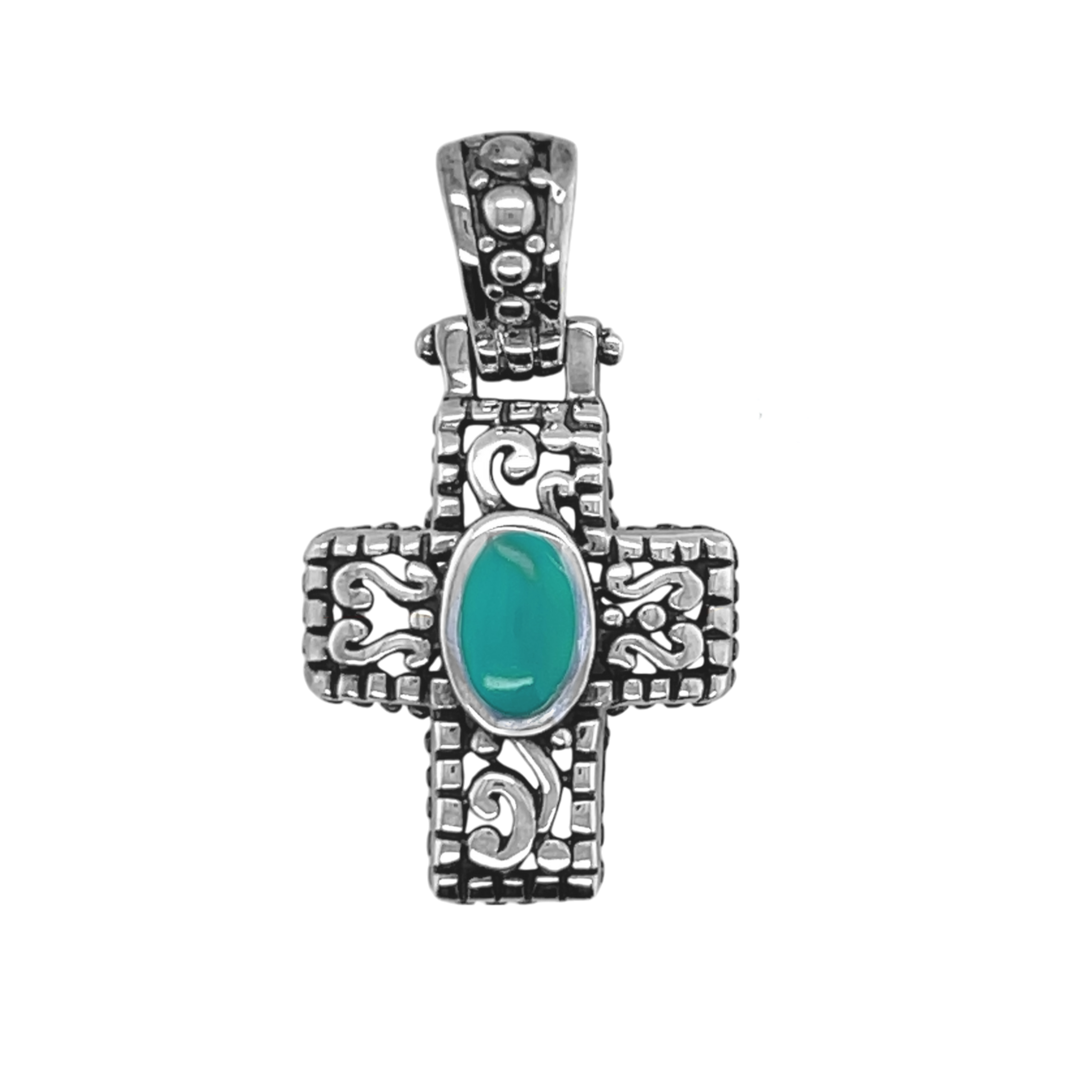 Sterling Silver Filigree Cross W/ Colored Stone Pendant