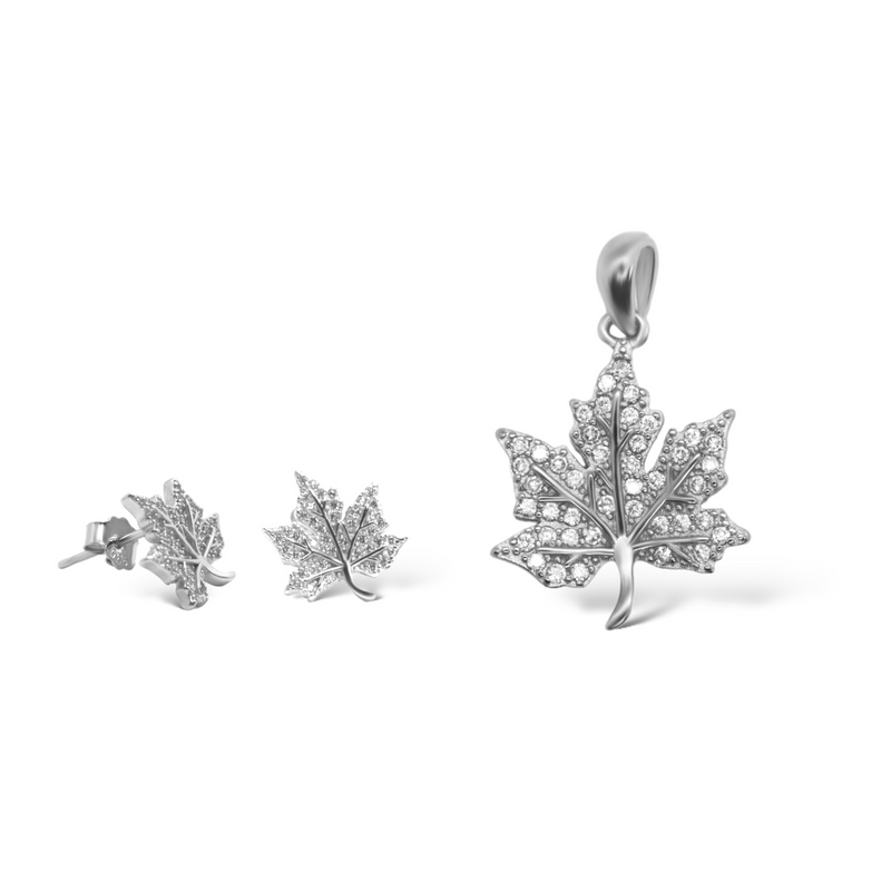 Sterling Silver CZ Leaf Pendant/Earrings Set