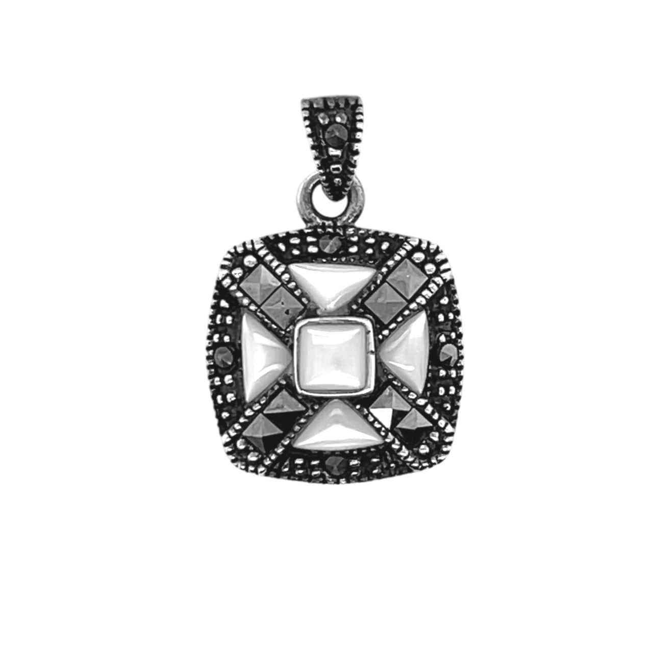 Sterling Silver Marcasite & Colored Stone Square Pendant