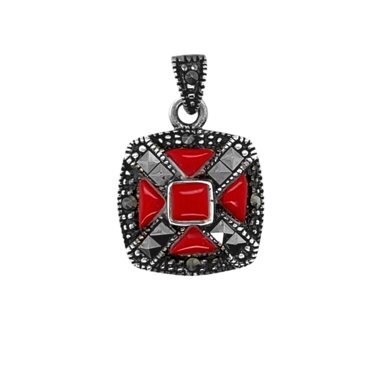 Sterling Silver Marcasite & Colored Stone Square Pendant