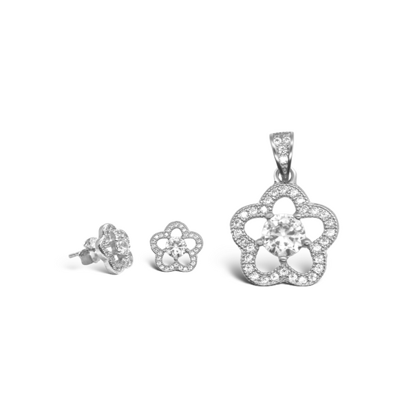 Sterling Silver CZ Flower Pendant/Earrings Set
