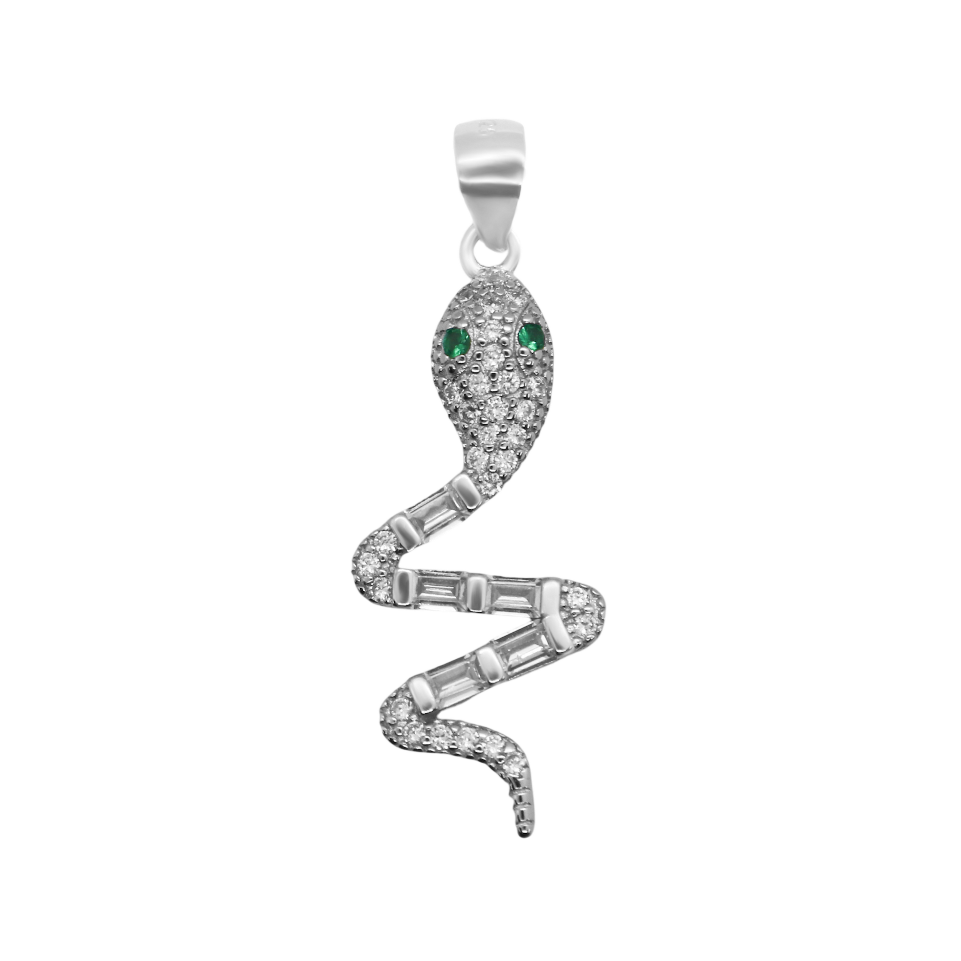 Sterling Silver CZ Baguette Green Eyed Snake Pendant