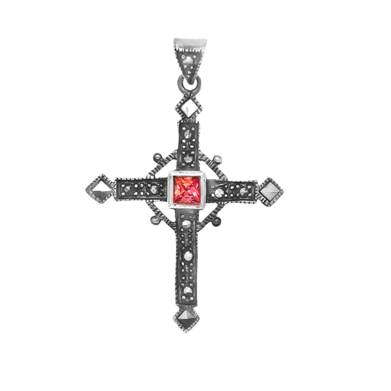 Sterling Silver Decorative Cross Colored Stone Pendant