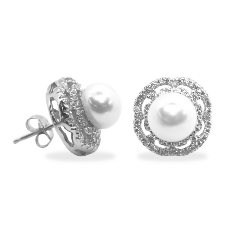 Sterling Silver CZ Flower W/ Pearl Center Earrings