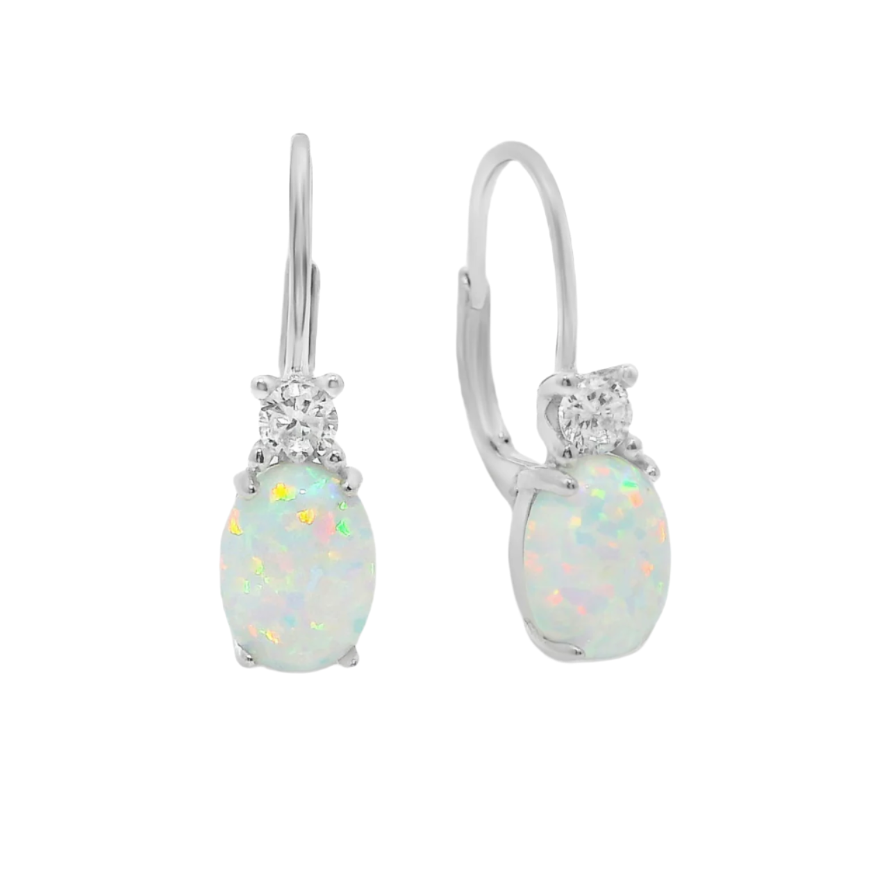 Sterling Silver Oval White Opal Round CZ Huggie Earrings