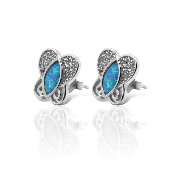 Sterling Silver CZ W/ Blue Opal Center Butterfly Earrings