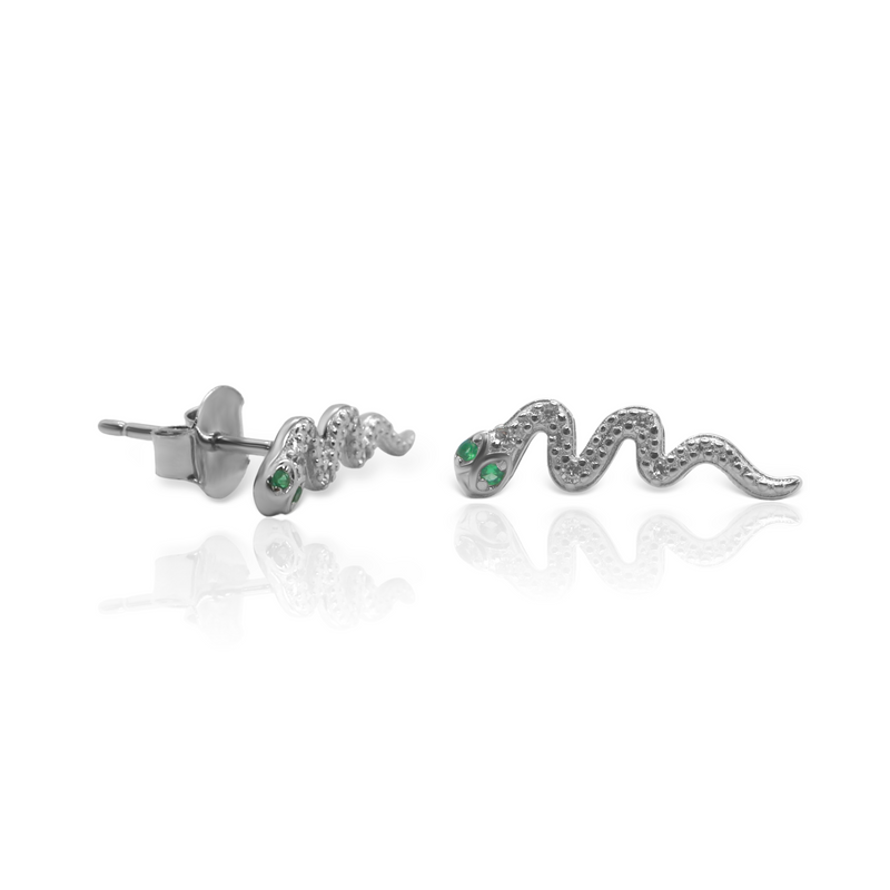 Sterling Silver Small CZ Green Eyed Snake Earrings