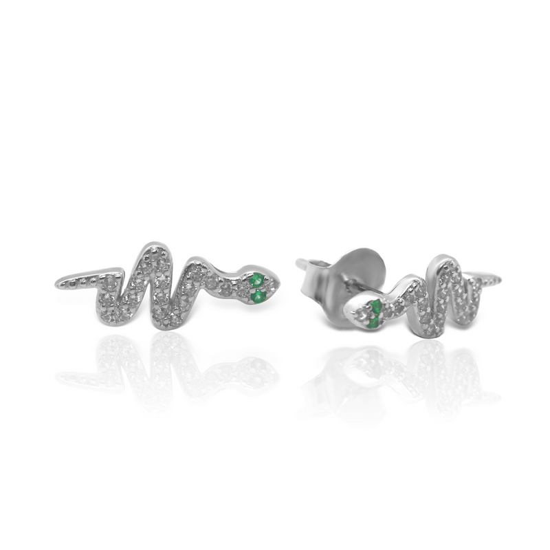 Sterling Silver Small CZ Green Eyed Snake Earrings