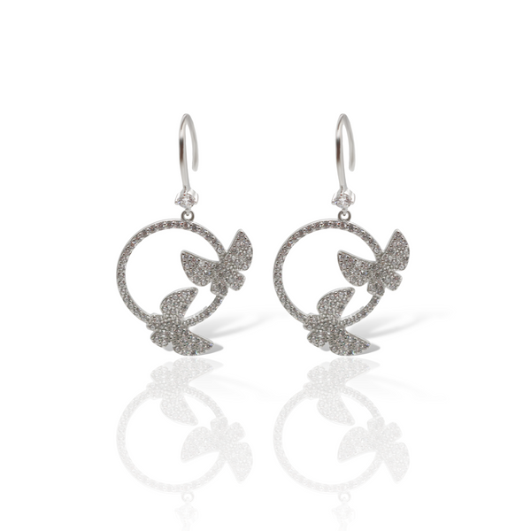Sterling Silver CZ Butterfly Circle Dangling Earrings