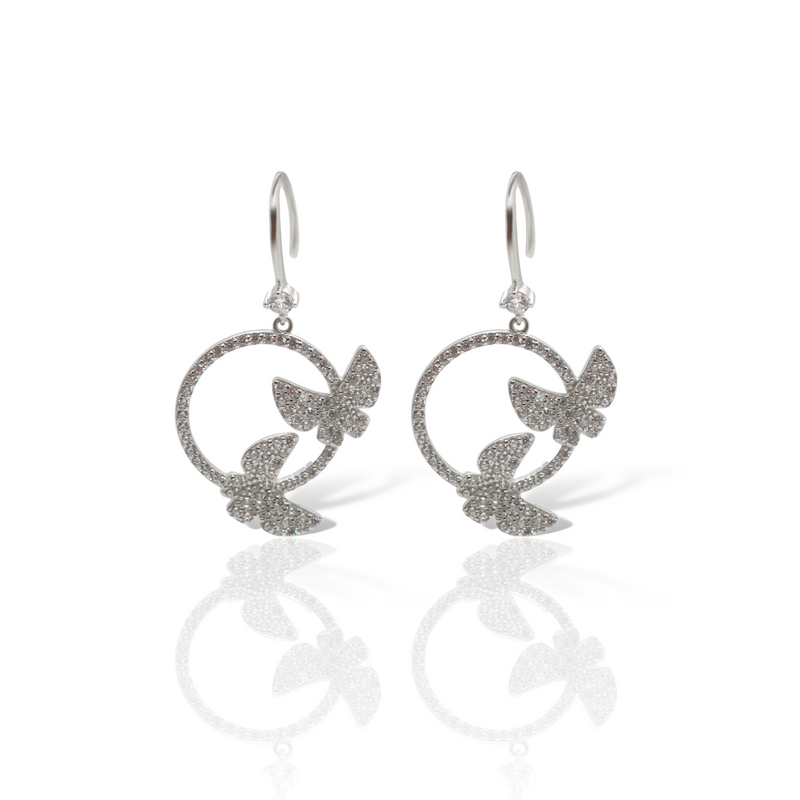 Sterling Silver CZ Butterfly Circle Dangling Earrings