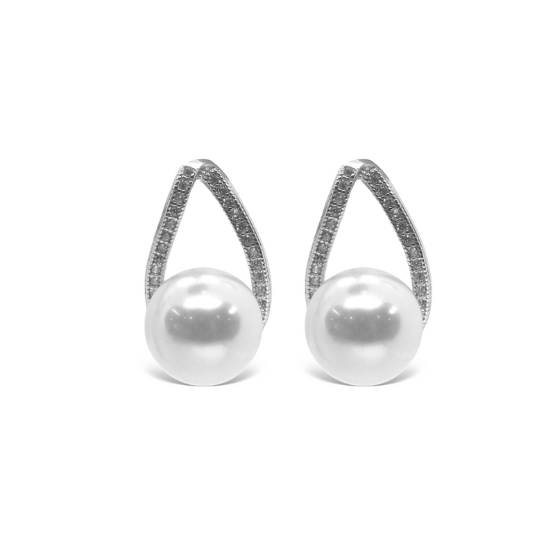 Sterling Silver Curved CZ Teardrop W/ Pearl Earrings