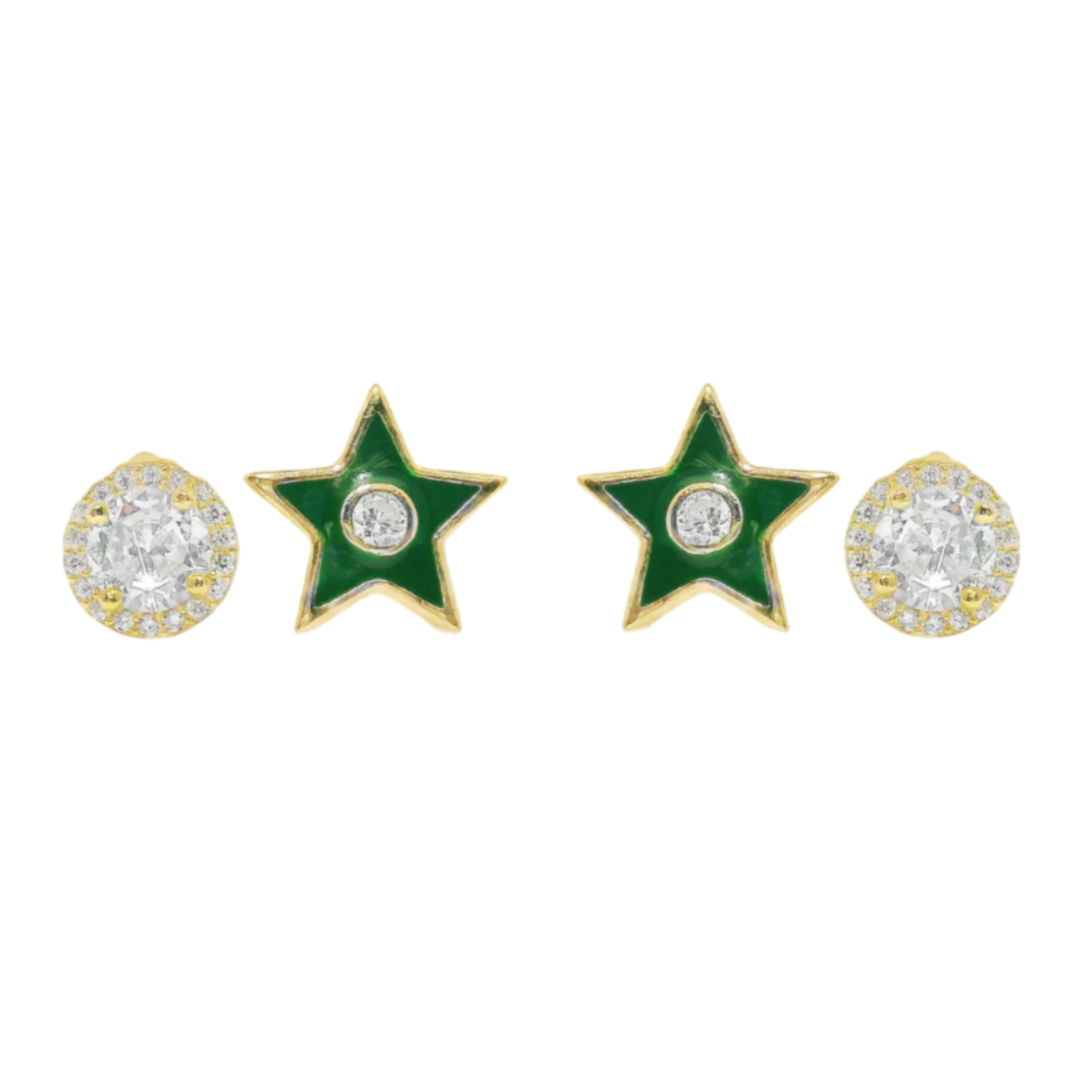 Sterling Silver Gold Plated Green Star & Round CZ Halo Stud 2 Piece Earrings Set