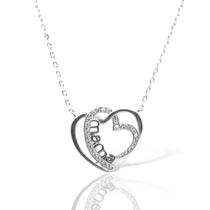 Sterling Silver Double Heart "Mama" CZ Necklace