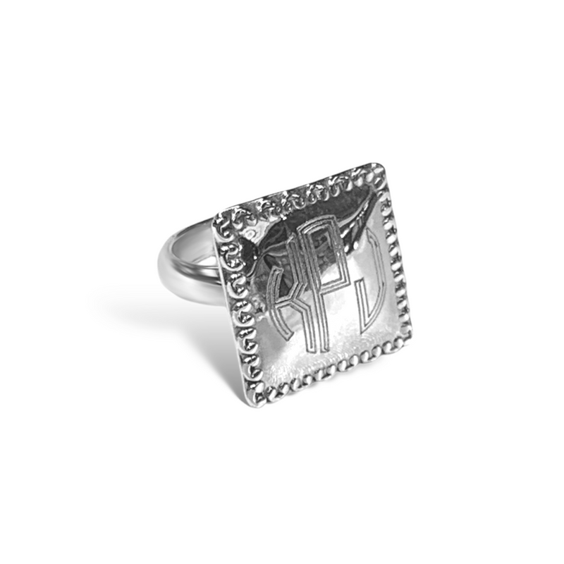 German Silver Square & Bead Border Design Ring