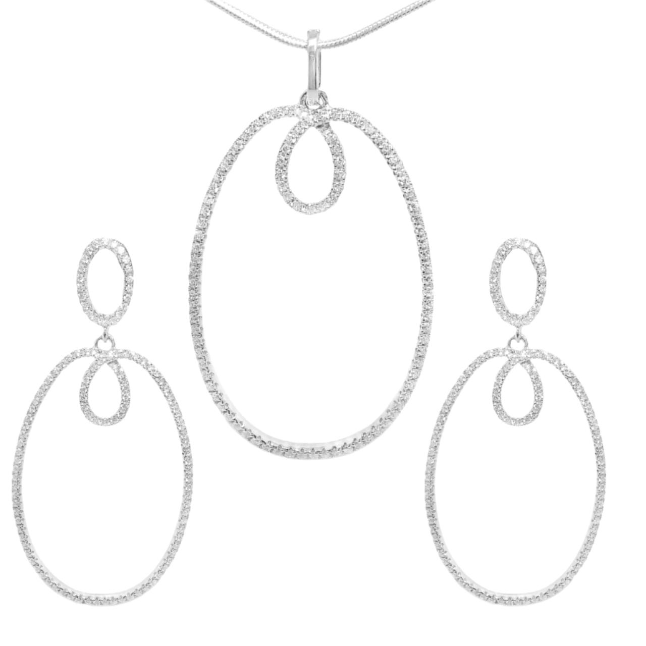 Sterling Silver Large Open CZ Oval Pendant & Earrings Set