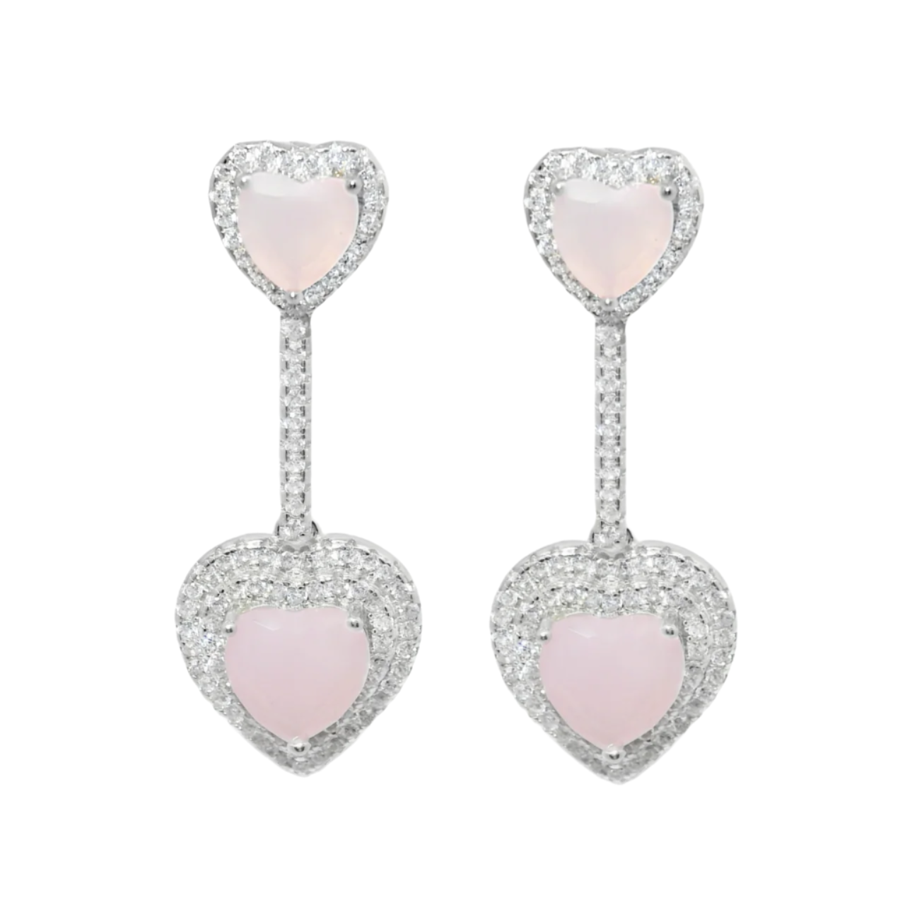 Sterling Silver CZ Pink Heart Halo Dangling Earrings