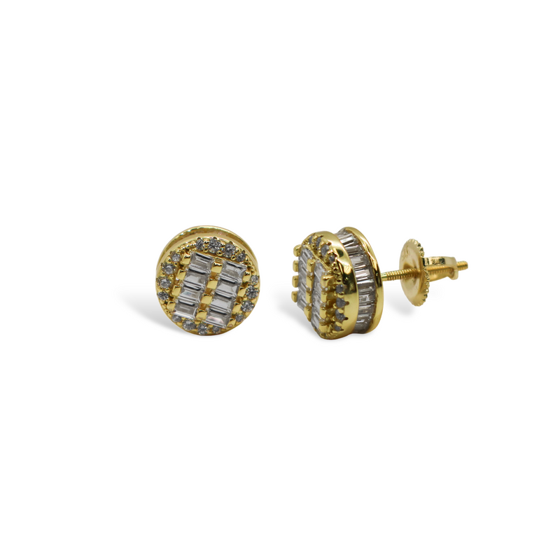 Sterling SIlver Gold Plated 3D Round Baguette CZ Screwback Earrings