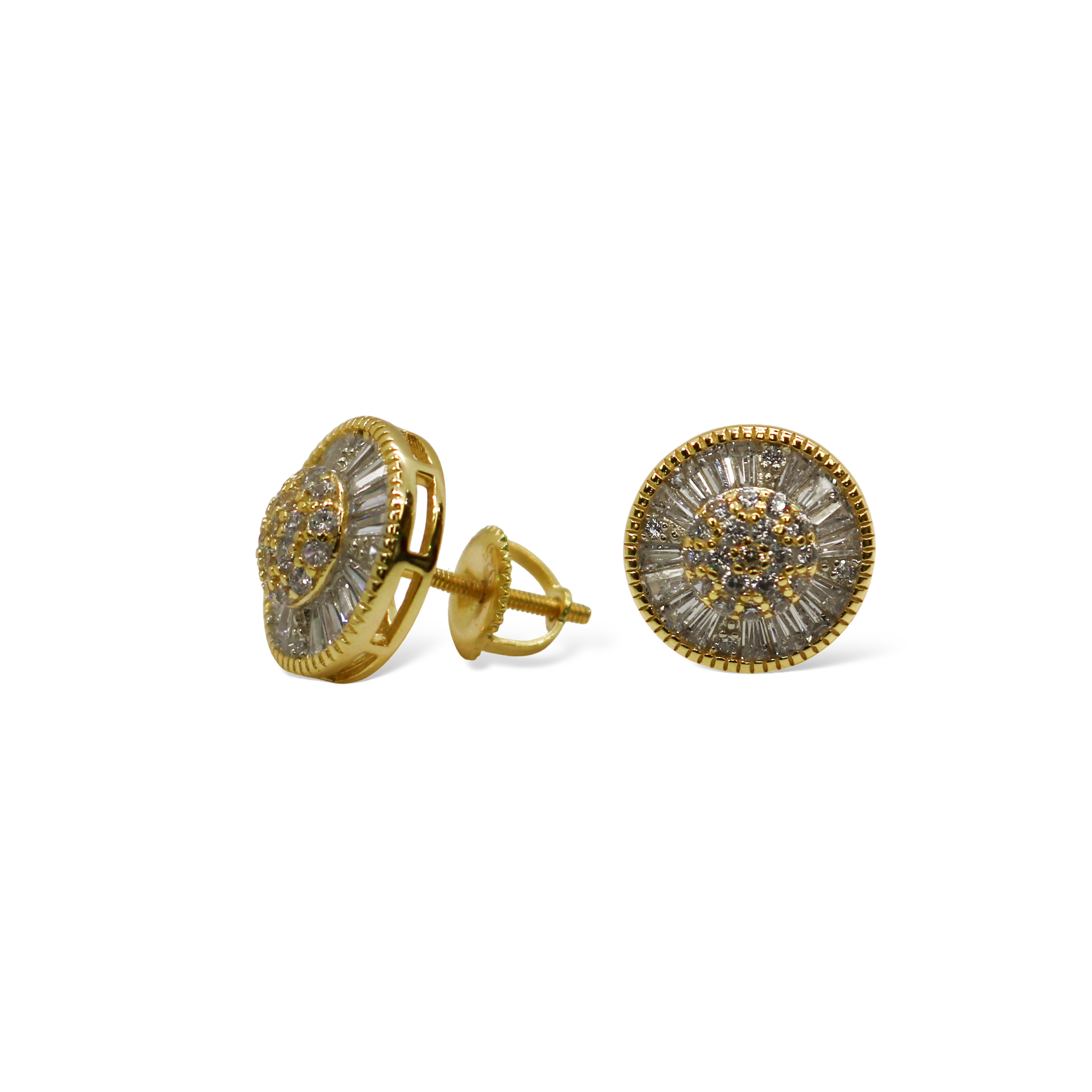 Sterling SIlver Gold Plated Round Baguette CZ Screwback Earrings