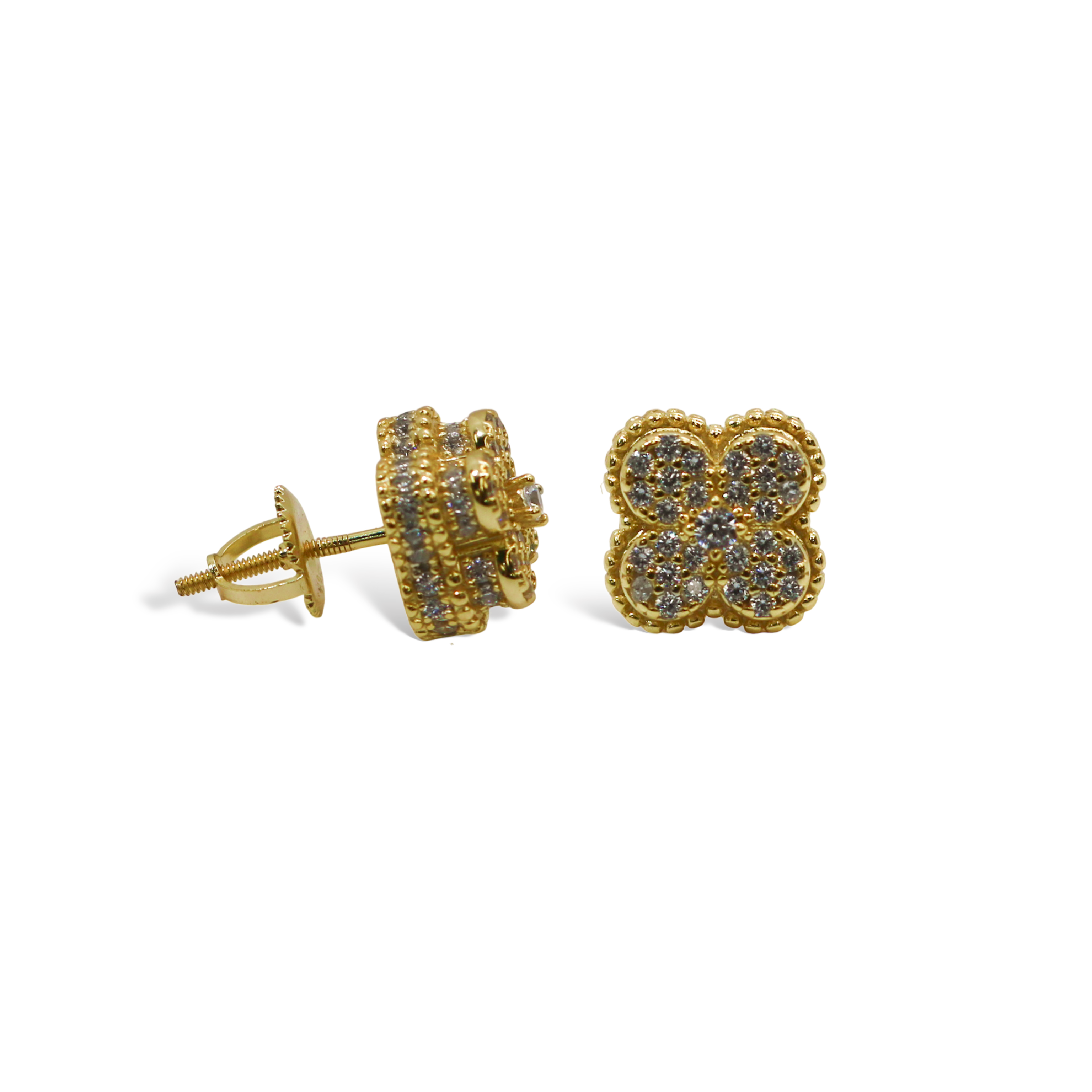 Sterling Silver Gold Plated 4 Leaf Clover CZ Screwback Earrings