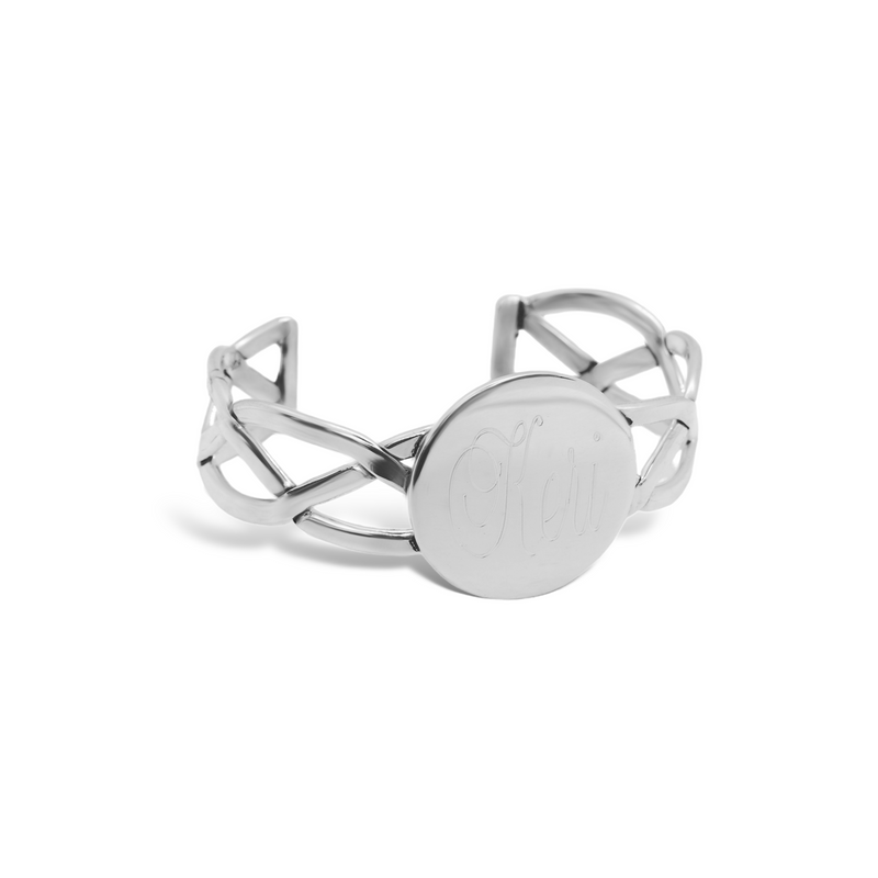 Sterling Silver Engravable Round Cuff Bracelet With Criss-Cross Wire Design