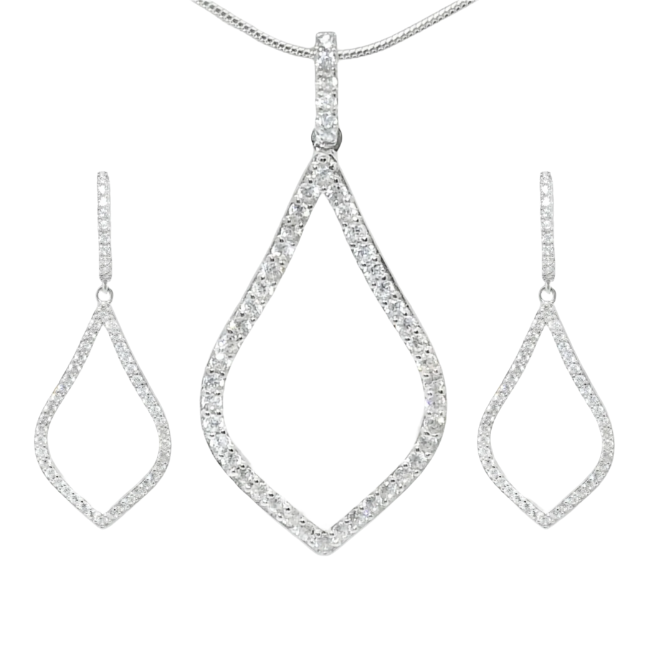 Sterling Silver Large Open CZ Teardrop Pendant & Earrings Set