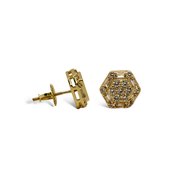 Sterling Silver Gold Plated Hexagon Baguette CZ Screwback Earrings