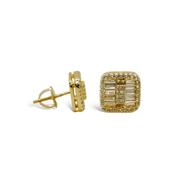 Sterling Silver Gold Plated Square Baguette CZ Screwback Earrings