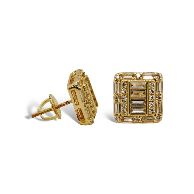 Sterling Silver Gold Plated Square Baguette CZ Screwback Earrings