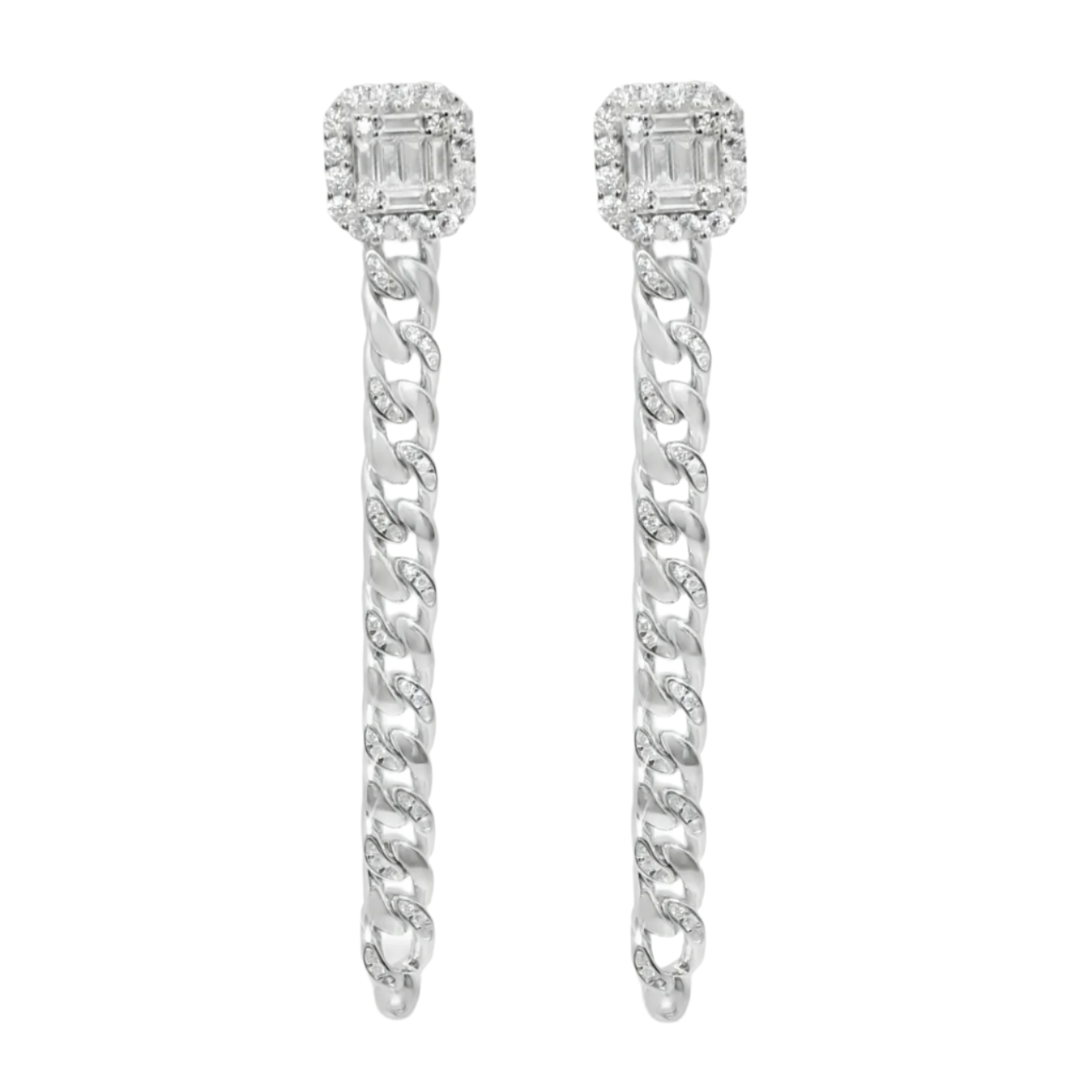 Sterling Silver CZ Square Dangling Cuban Chain Screwback Earrings