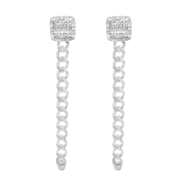 Sterling Silver Baguette CZ Square W/ Dangling Cuban Chain Screwback Earrings