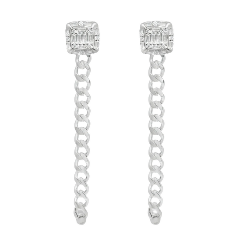 Sterling Silver Baguette CZ Square W/ Dangling Cuban Chain Screwback Earrings