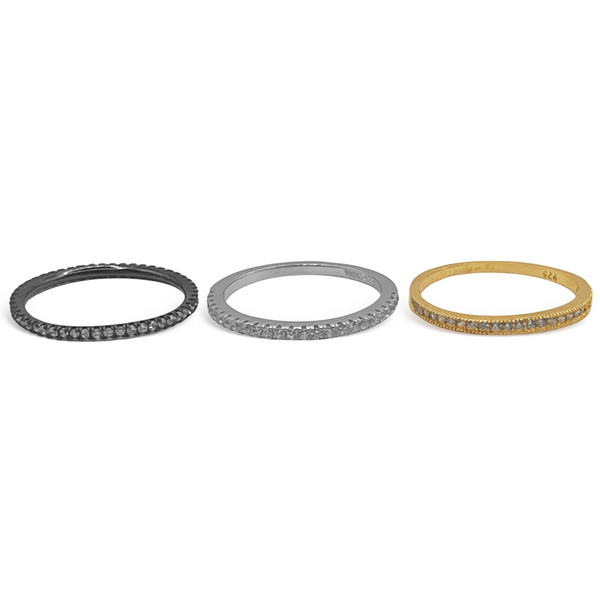 Sterling Silver 3 Band CZ Stackable Ring (Gold, Silver, Black)