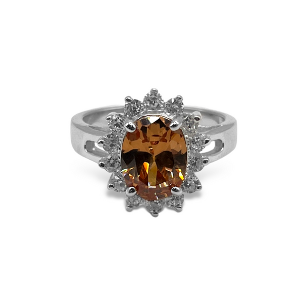 Sterling Silver Orange Oval CZ With Teardrop Halo Ring