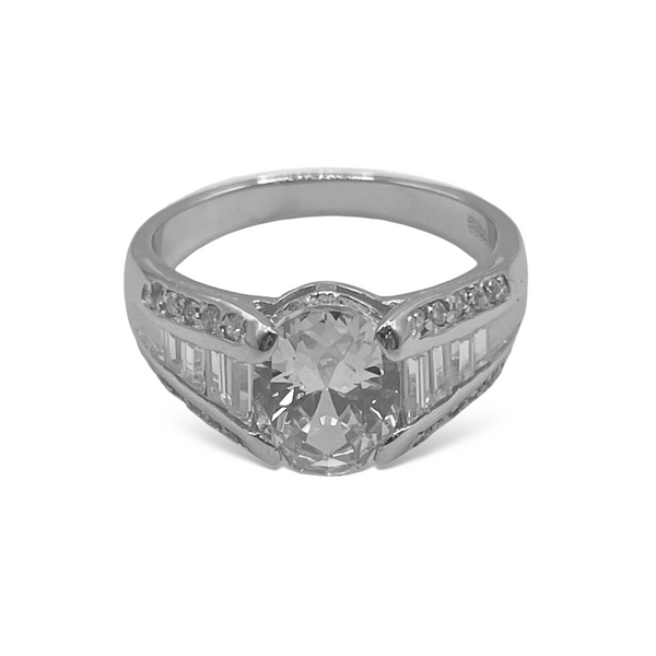 Sterling Silver Oval CZ Baguette Ring