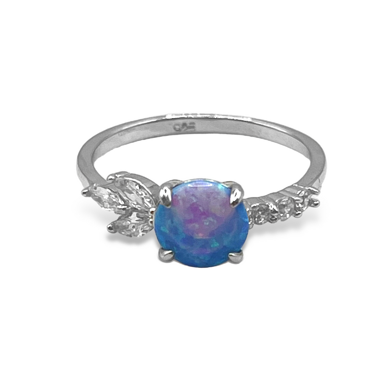 Sterling Silver Blue Opal CZ Leaf Ring