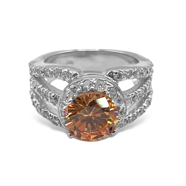 Sterling Silver Orange Gemstone CZ Halo Ring