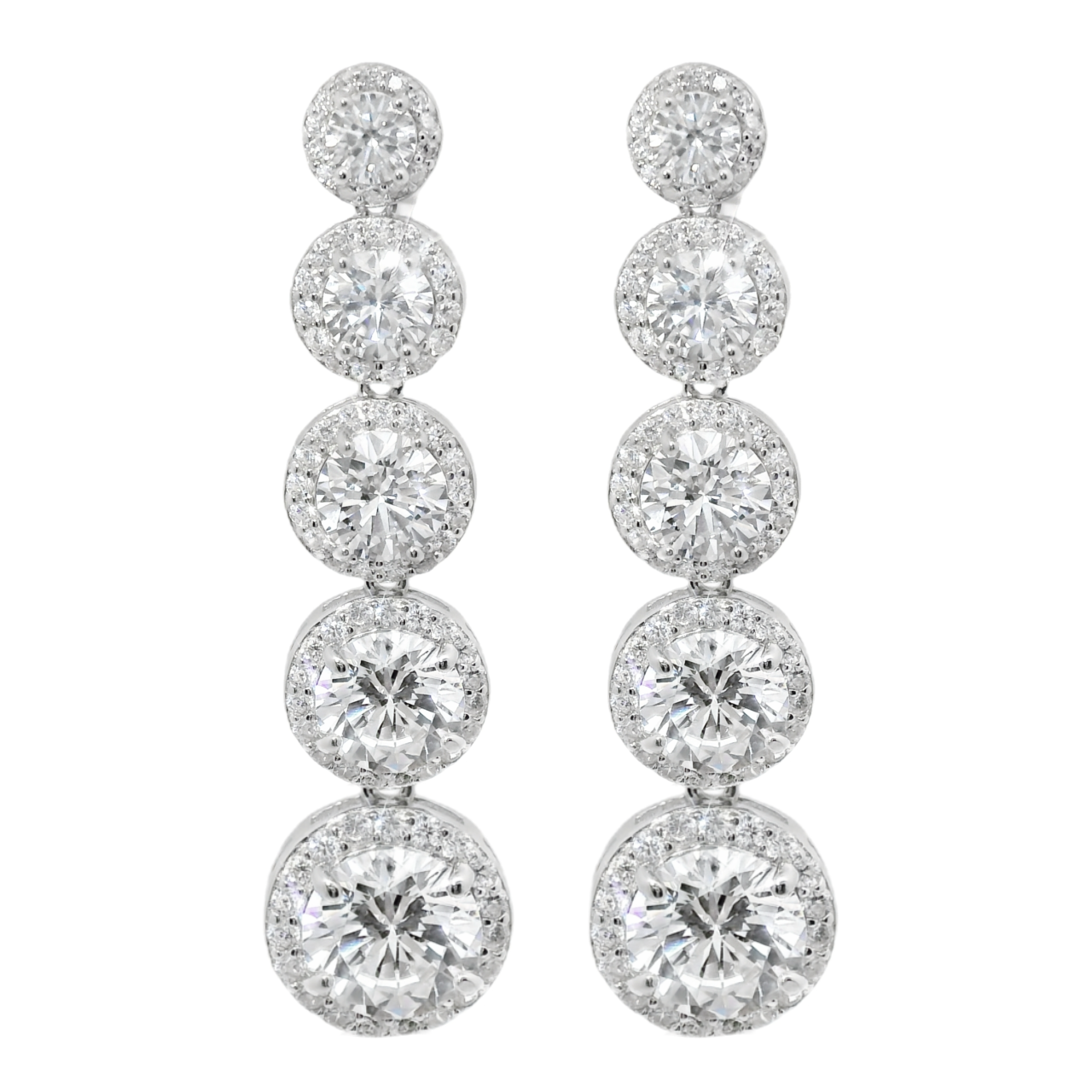 Sterling Silver Graduated CZ Round Halo Chandelier Earrings