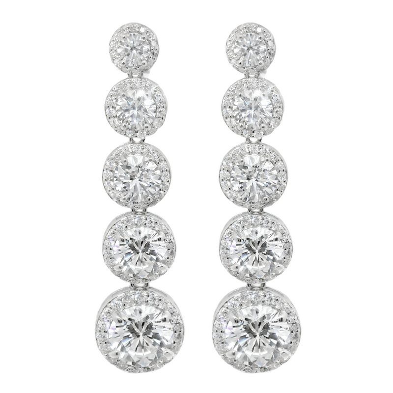 Sterling Silver Graduated CZ Round Halo Chandelier Earrings