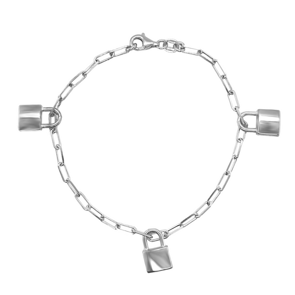925 Sterling Silver Dangling Lock Paper Clip Bracelet