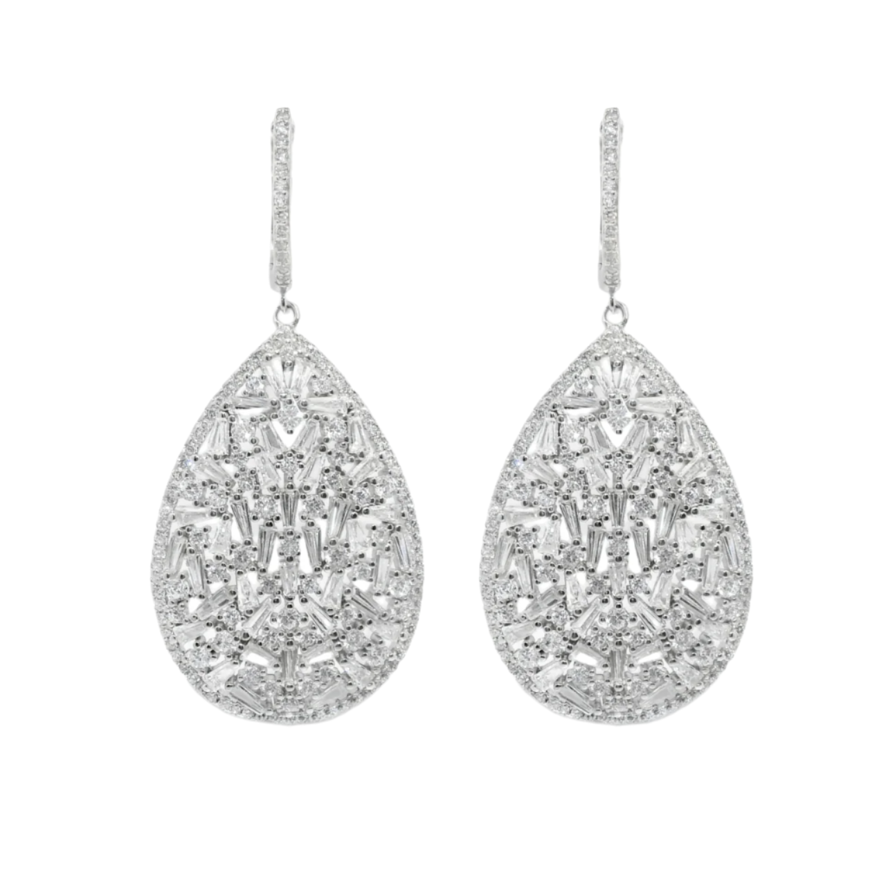 Sterling Silver CZ Cluster Teardrop Dangling Chandelier Huggie Earrings