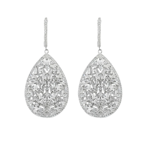 Sterling Silver CZ Cluster Teardrop Dangling Chandelier Huggie Earrings