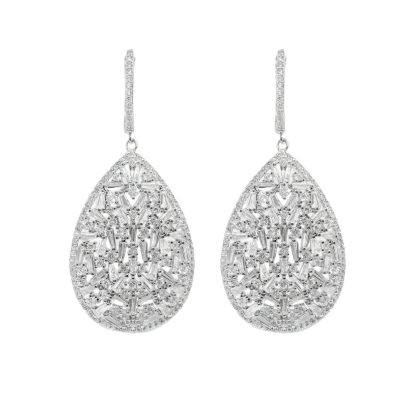 Sterling Silver CZ Cluster Teardrop Dangling Chandelier Huggie Earrings