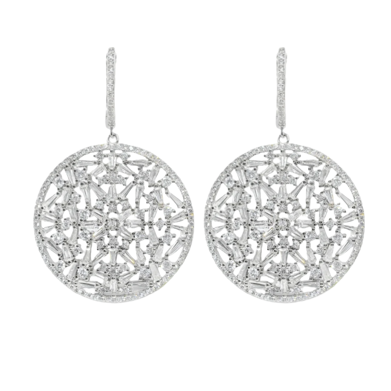 Sterling Silver CZ Cluster Round Dangling Huggie Earrings